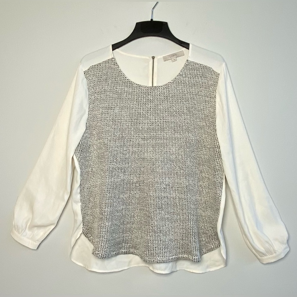 LOFT Cream/Gray Tweed Front Mixed Media Long Sleeve Back Zip Blouse Size XL